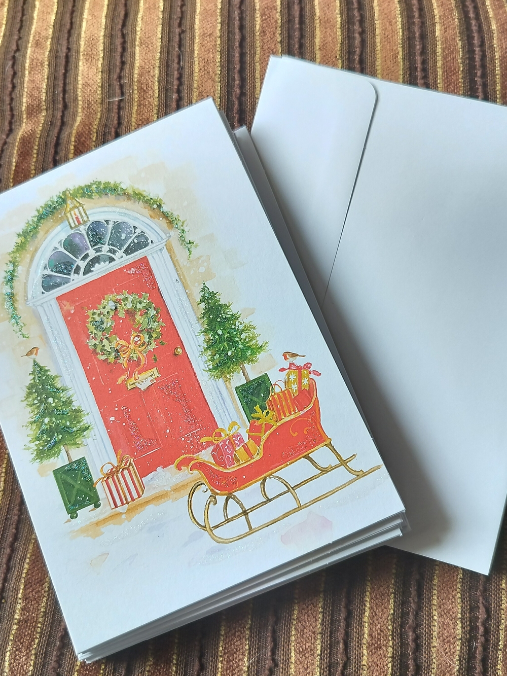 Graphique Christmas 20 Card Set With Envelopes- Red Door & Sleigh, Blank Inside